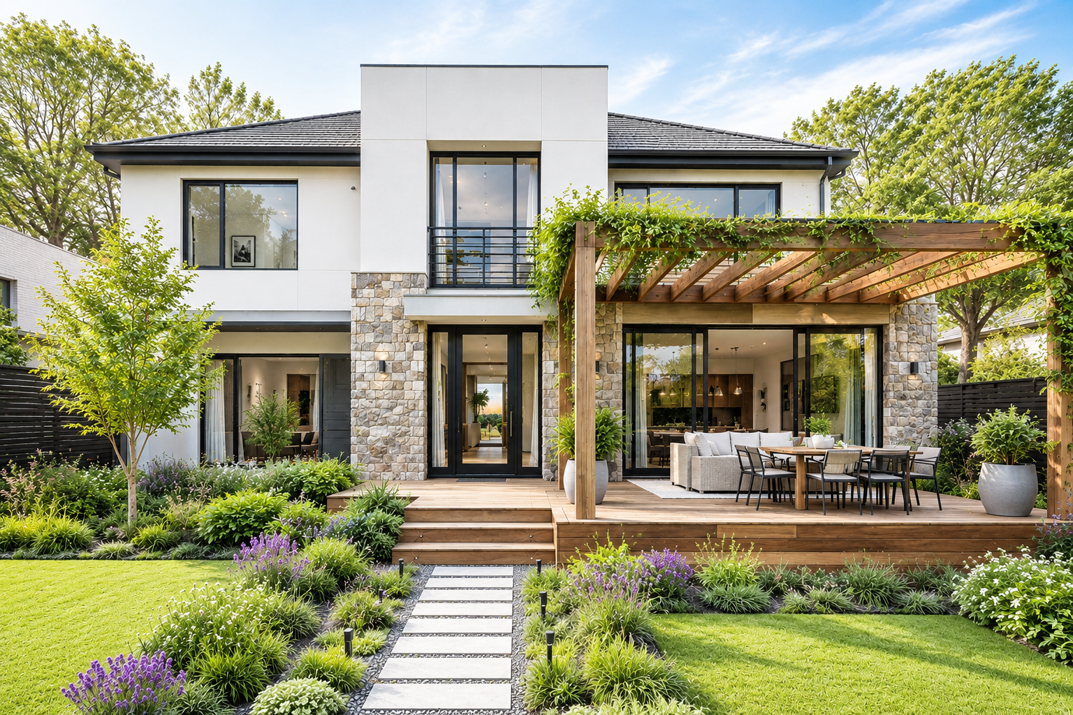 A timber deck, pergola, and garden at a modern home