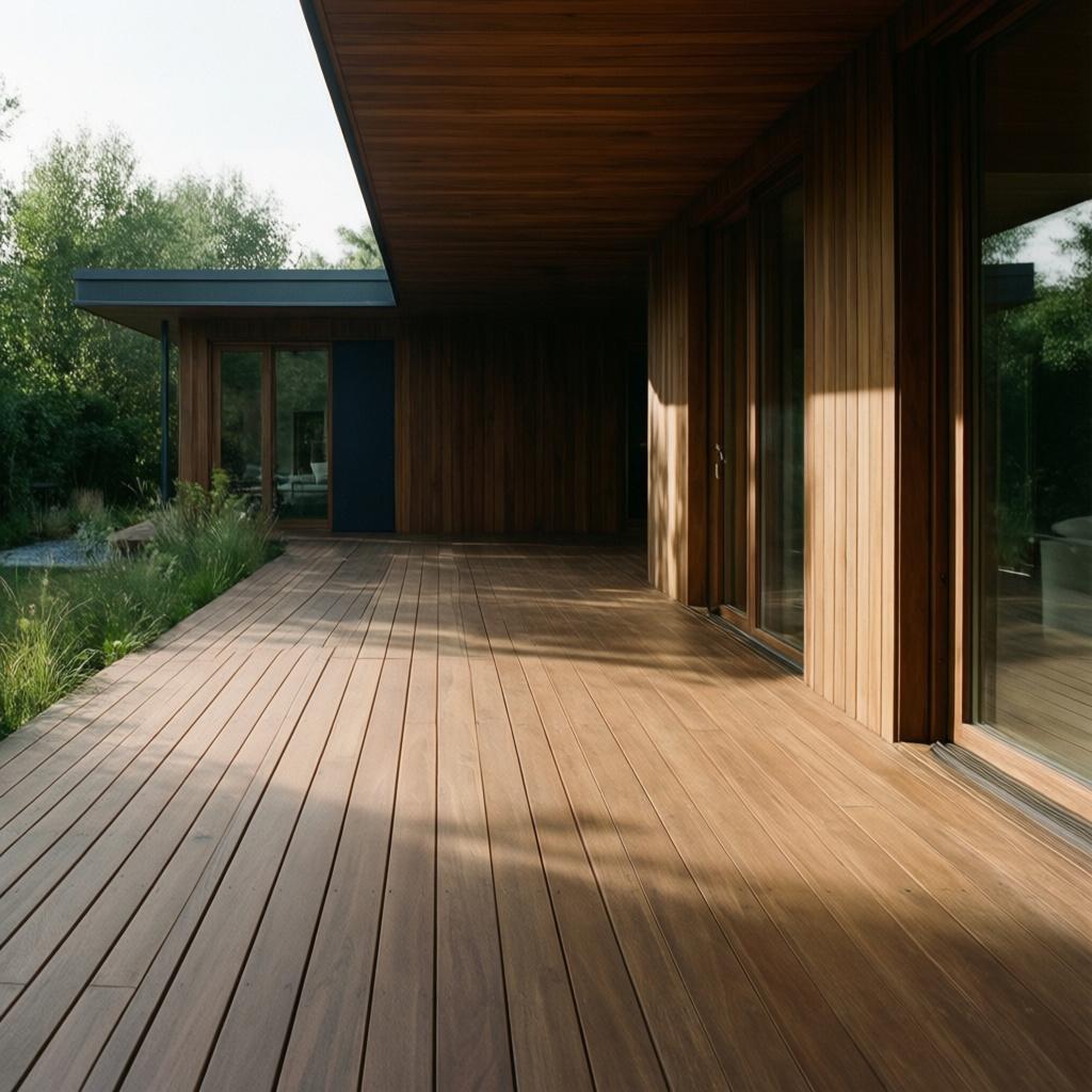 A long covered timber deck beside a modern home