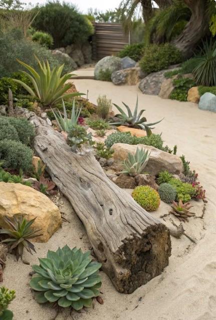Succulent garden with sand path and driftwood