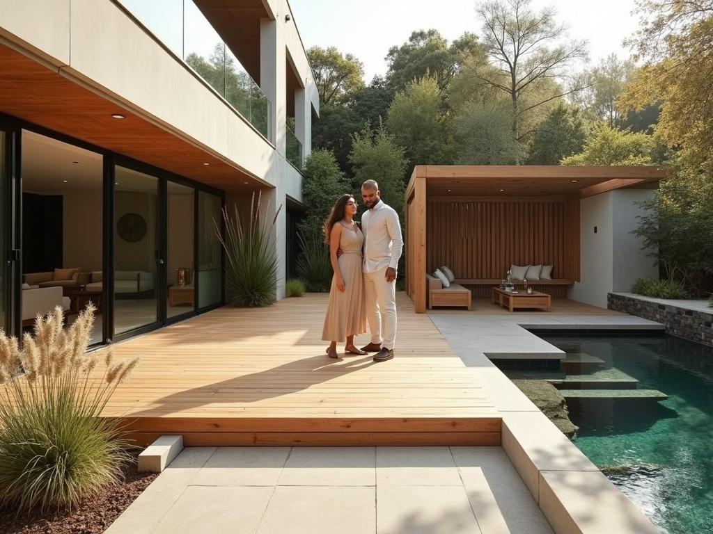 Timber deck, pergola lounge, and pool