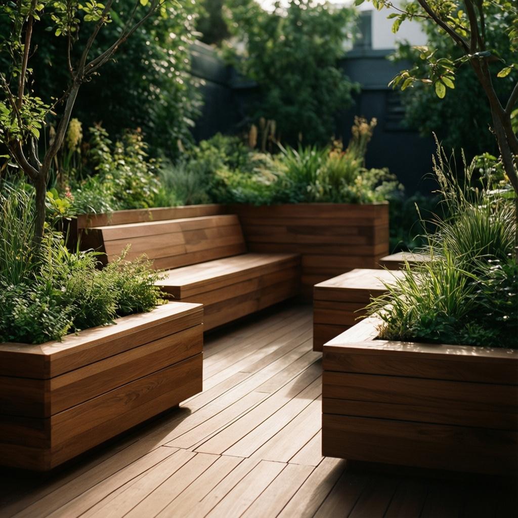 Built-in timber benches and planters