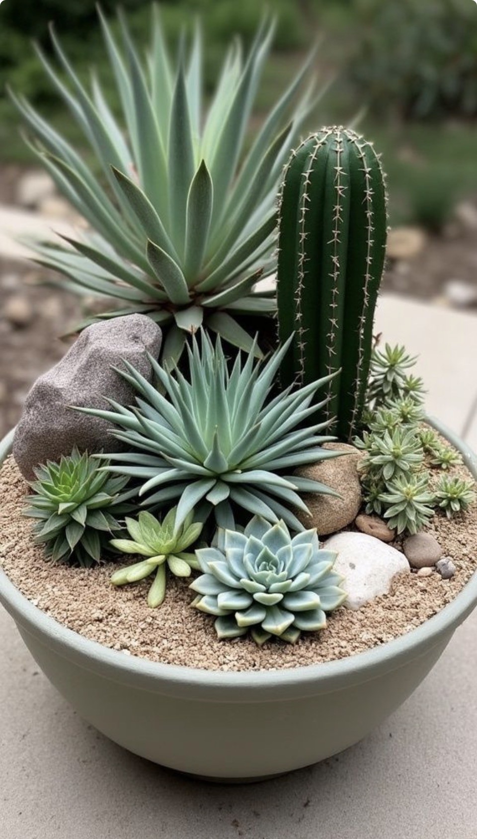 A sculptural garden with succulents and agave